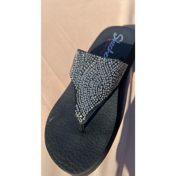 Skechers Vinyasa Stone Candy Black W/ Silver Rhinestones Wedge Thong Sandals 8 - Picture 12 of 12